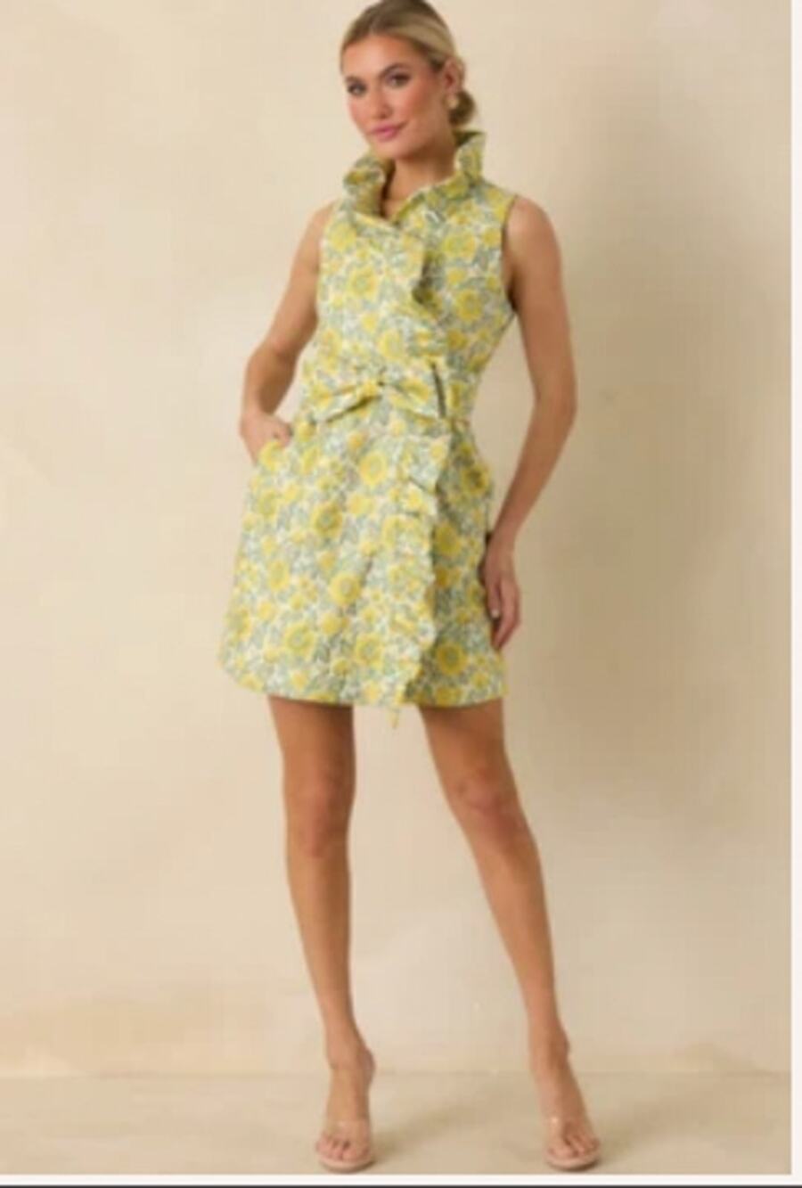 NWT Prosperina Lilly Yellow Multi Floral Jacquard Ruffle Mini Dress Sz